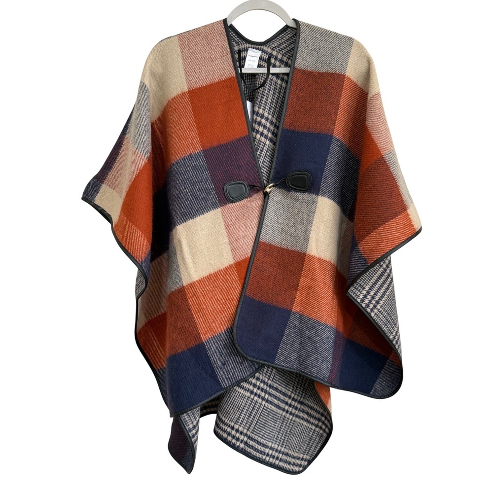 NWT Liz Claiborne Reversible Plaid Poncho Wrap Navy Spice Toggle One Size